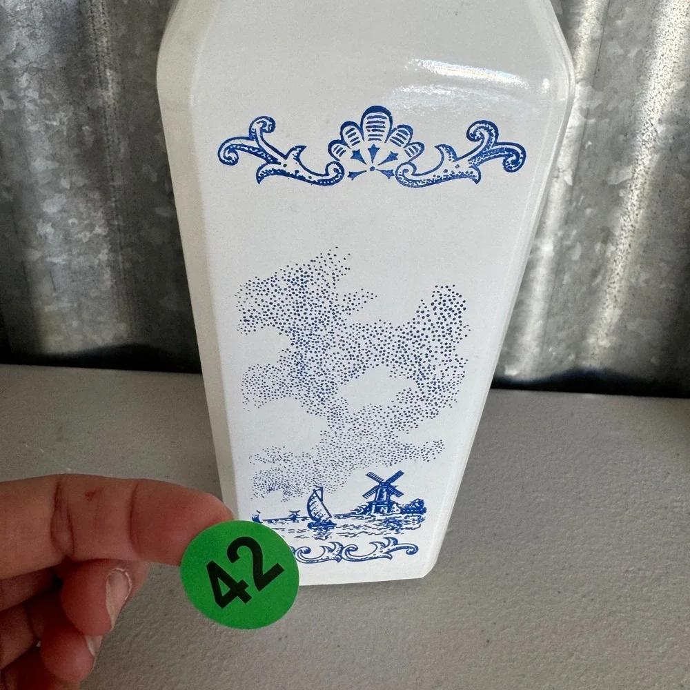 Vintage Milk Glass Liquor Decanter Dutch Windmill Blue White Tulip Cap D-126